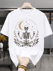 Men Women Meditating Skeleton Peace Sign Graphic T-Shirt, Vintage Boho Crescent Moon Star Leaf Wreath Gothic Short Sleeve Tee