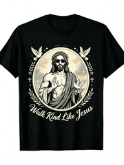 Men Women Soft Crew Neck Short Sleeve Cotton T-Shirt, Vintage Circular Frame Walk Kind Like Jesus Sunglasses Crown of Thorns Dove Olive Branch Cross Religious Graphic Casual Daily Tee