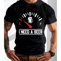 Men's Beer Lover Graphic T-Shirt, Funny Fuel Gauge Beer Print Casual Crew Neck Short Sleeve Tee, Comfortable Everyday Shirt, Gift for Dad, Husband or Friends