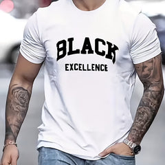 Men's Black Excellence T Shirt, Inspirational Graphic Tee with Bold Letter Print, Casual Short Sleeve Cotton Shirt, Everyday Fashion Streetwear