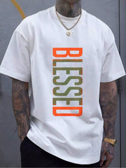 Men's Blessed Graphic Tee Inspirational Faith Shirt Vintage Letter Print Casual Crew Neck Short Sleeve T-Shirt Religious Everyday Streetwear Gift