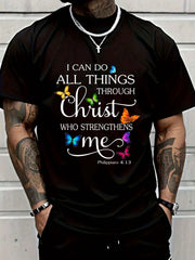 Men's Christian Faith Graphic T-Shirt, Philippians 4:13 Bible Verse Inspirational Tee, I Can Do All Things Through Christ Religious Short Sleeve Crew Neck Cotton Shirt, Church Gift