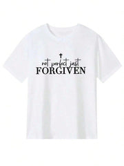 Men's Christian Faith T Shirt, Not Perfect Just Forgiven Graphic Tee, Inspirational Cross Design Shirt, Religious Short Sleeve Cotton Top, Casual Church Wear