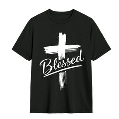 Men's Christian Faith T-Shirt With A Blessed Cross Print And Handwritten Lettering - Loose Fit, Crew Neck, Short Sleeve. Suitable For All Seasons