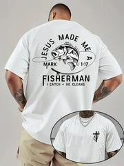 Men's Christian Fishing Graphic T-Shirt - Made Me a Fisherman & Mark 1:17 Bible Verse Design, Casual Round Neck Summer Tee for Church Events, Fishing Trips & Casual Attire