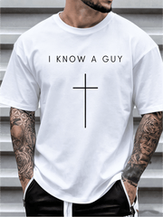 Men's Christian Graphic T-Shirt, I Know A Guy Cross Faith Print, Cotton Crew Neck Short Sleeve Inspirational Tee, Casual Religious Shirt for Everyday Wear