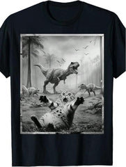 Men's Funny Cat & T-Rex Dinosaur Graphic Tee - Short Sleeve,Black Retro Style Casual Shirt For All Seasons, Everyday Clothing