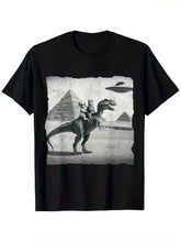 Men's Funny UFO Alien Riding T-Rex Dinosaur Egyptian Pyramid Short Sleeve TShirt - Casual Round Neck Tee Suitable