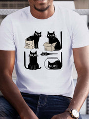 Men's Humorous Black Cat Graphic Tee - Crew Neck, Trendy Casual Wear for Adult, Summer Fashion Essential