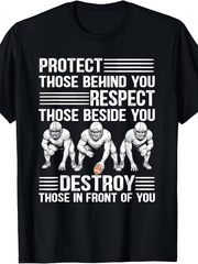 Men's Offensive Lineman Football Graphic T-Shirt, Protect Respect Dominate Sports Quote Tee, American Football Player Crew Neck Short Sleeve Cotton Shirt, Athletic Team Spirit Gift for Football Fans