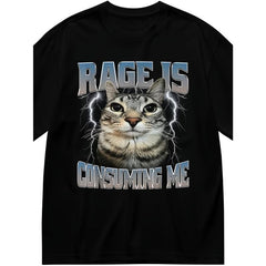 Men's "Rage is Consuming Me" Funny Cat Meme Graphic T-Shirt - Black Humorous Staring Cat with Lightning Design, Regular Fit Short Sleeve Casual Summer Tee, Machine Washable