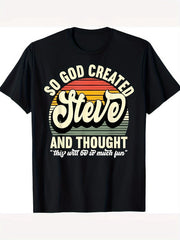 Men's So God Created Steve Humorous Graphic T-Shirt - Retro Tee with Bold Retro Stripes & Geometric Print, Round Neck Short Sleeve Casual Shirt