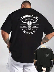 Men's Western Longhorn Ranch Cow Skull Double Sided Graphic Casual Short Sleeve Tee