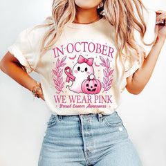 NWE In October We Wear Pink Shirt, Retro Breast "Cancer" Awareness T-Shirt, Halloween Pink Ghost Sweatshirt, Breast Cancer Halloween Clothing Unisex,Halloween Pink Breast Cancer T-shirt