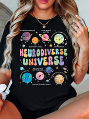 Neurodiverse Universe Printed T-Shirt, Fun Cosmic Planets, Teacher T-Shirt, a Gift for Teachers