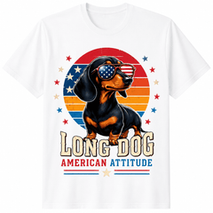 Patriotic Dachshund Long Dog American Attitude T-Shirt for Men and Women, Funny Wiener Dog Sunglasses USA Flag Graphic Tee, 4th of July Independence Day Dog Lover Gift