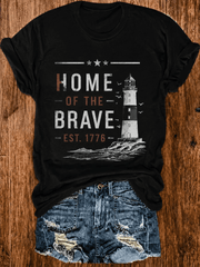 Patriotic Lighthouse Graphic T-Shirt – “Home of the Brave EST. 1776” Casual Tee