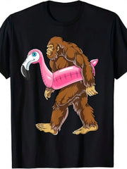 Pool Party Big Foot Flamingo Pattern T-Shirt, Men's Short Sleeve T-Shirt, Casual Round Neck TShirt Daily Wear Top