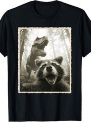 Raccoon Selfie With Dinosaur And Fun Tyrannosaurus Rex T-Shirt Vintage Round Neck