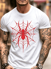 Red Spider Web Graphic Crew Neck T-Shirt, Gothic Arachnid Print Short Sleeve Casual Tee for Men Streetwear Top