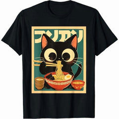 Restock Plus Size Anime Cat Ramen T-Shirt - Japanese Kawaii Cat Graphic Tee for Men - Round Neck Short Sleeve Casual Streetwear Top - Spring Fashion - Shortsleeve