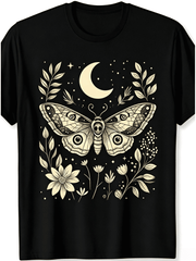 Retro Witchy Celestial Graphic T-Shirt, Death Head Moth Crescent Moon Wildflower Botanical Line Art Casual Short Sleeve Tee