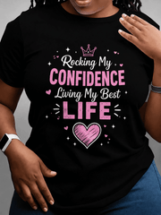 Rocking My Confidence Living My Best Life Graphic T-Shirt Women Pink Crown Heart Sparkles Positive Self Love Motivational Short Sleeve Casual Tee