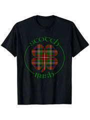 Scots-Irish Heritage Shamrock Graphic T-Shirt, Celtic Plaid Clover Print Crew Neck Short Sleeve Tee, Irish Pride Casual Shirt for Men & Women