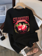 Strawberry Fields Forever Print T Shirts Women Breathable Cotton T-Shirt Hip Hop Loose Streetwear All-Match Casual Clothing