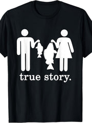 Small Fish Big Fish True Story Funny Fishing Lie Graphic Tee for Men Women, Angler Humor Short Sleeve T-Shirt, Casual Crew Neck Top for Fisherman Gift
