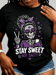 Stay Sweet Not Salty Purple Polka Dot Bandana Sugar Skull Graphic T-Shirt Women Heart Sunglasses Peace Sign Skeleton Halloween Retro Short Sleeve Casual Tee