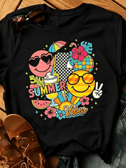 Summer Vibes Retro Smiley Face Tropical Graphic T-Shirt, Colorful Beach Vacation Casual Short Sleeve Summer Tee