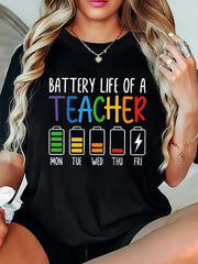 Teacher Battery Life Weekdays Energy Plus Size Tops for Women - Summer Casual Tshirts - Graphic Loose Tees