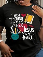Teacher Faith Graphic T‑Shirt, Teaching In My Veins Jesus In My Heart Inspirational Crewneck Tee, Casual Short Sleeve Top for Women Educator Gift