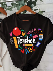 Teacher Print T-shirt, Short Sleeve Crew Neck Casual Top For Summer & Spring, Women's Clothing