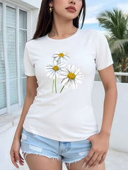 Three Daisy Pattern Print Comfortable Women's Short Sleeve T-Shirt, Print Women's T-Shirt, Pattern T-Shirt, Women's Top