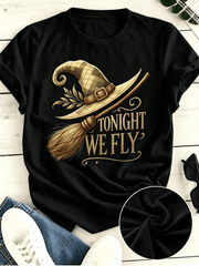 Tonight We Fly Witch Hat Broom Graphic T-Shirt, Retro Halloween Fall Casual Crewneck Tee For Women
