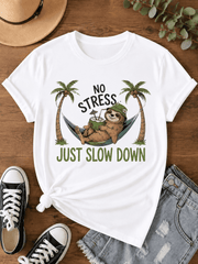 Tropical Sloth Graphic Tee No Stress Just Slow Down Summer Shirt