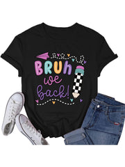 Unisex Funny Back to School Graphic Tee, "Bruh We Back!" Pencil and Paper Airplane Print Crew Neck Short Sleeve T-Shirt for Students, Teachers and School Staff