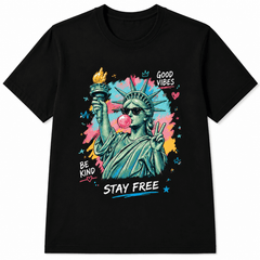 Unisex Soft Crew Neck Short Sleeve Cotton T-Shirt, Cool Statue Of Liberty With Sunglasses Blowing Bubblegum Peace Sign Color Splash Be Kind Good Vibes Stay Free Patriotic Relaxed Fit Daily Tee