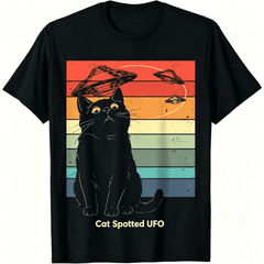 Vintage Rainbow Striped UFO Space Cat Graphic T-Shirt, Funny Surprised Black Kitten Casual Short Sleeve Cotton Tee for Cat & UFO Lovers