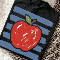 Vintage Sketch Red Apple Stripe Graphic Tee Women Casual