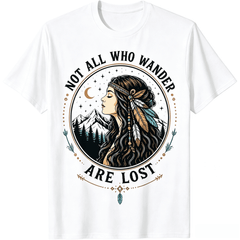 Not All Who Wander Are Lost Western Feather Woman Mountain Moon Star Graphic T-Shirt Vintage Wilderness Adventure Hippie Outdoor Travel Casual Short Sleeve Tee