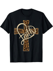 Western Leopard Faith Cross Unisex T-Shirt, All Season Religious Graphic Top, Casual Daily Apparel For Faith Followers And Leopard Pattern Fans