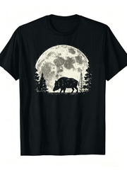Wild Boar & Moon Night Forest Design - Short Sleeve Tee for Outdoor Hunting & Casual Wear, Round Neck TShirt