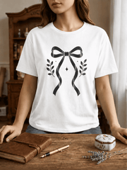 Women Black Graphic Tee Cute Elegant Bow Design Everyday Wear Shirt