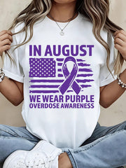 Women Casual T Shirt White In August We Wear Purple Overdose Awareness Ribbon American Flag Print Summer Streetwear Top