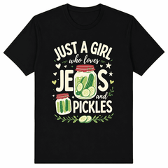 Women Crew Neck Soft Cotton T-Shirt, Just A Girl Who Loves Jesus And Pickles Vintage Pickle Jar Heart Star Leaf Christian Graphic Relaxed Fit Daily Casual Tee