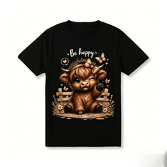 Women Cute Highland Cow Be Happy Graphic Crew Neck T-Shirt, Winking Baby Cow Bow Butterfly Wildflower Farm Casual Short Sleeve Tee