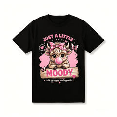 Women Just A Little Moody Highland Cow Graphic Crew Neck T-Shirt, Cute Baby Cow Pink Bow Bubblegum Butterfly Casual Short Sleeve Tee